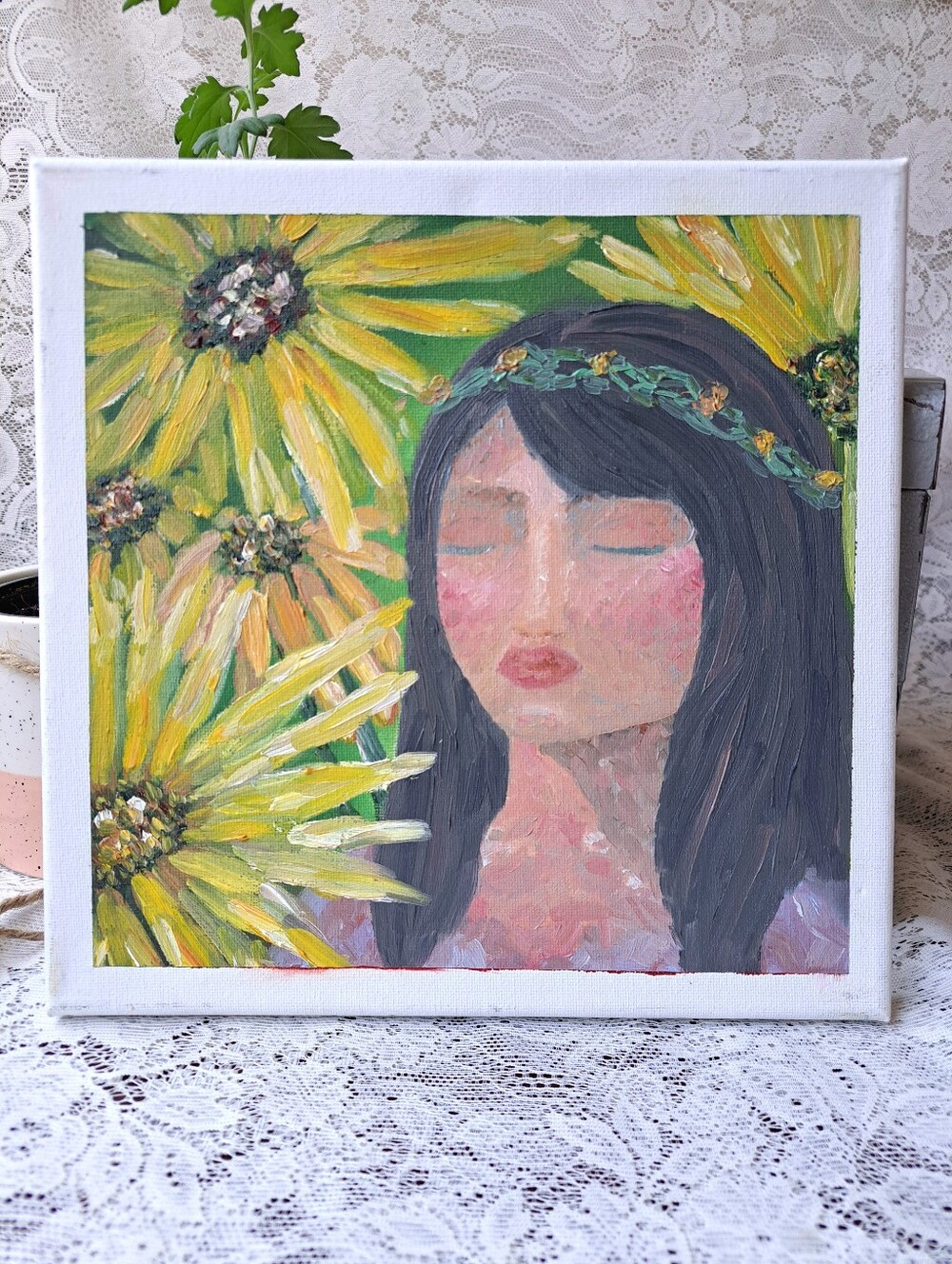 Original Art Woman with Yellow Flowers Serene Peaceful Island Vibes